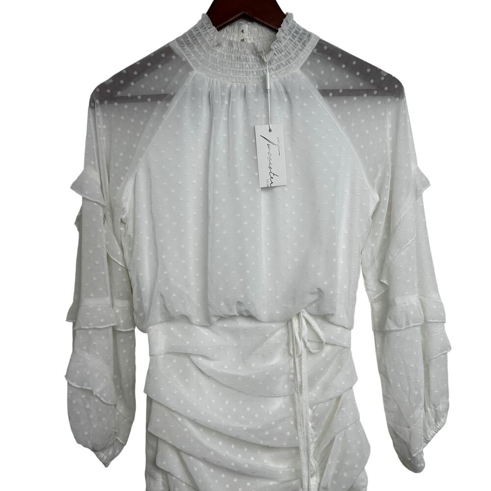 NWT TWO SISTERS White Piper Mini Dress Sz 2 Ruched Shirred Textured Polka Dot XS - Picture 7 of 16